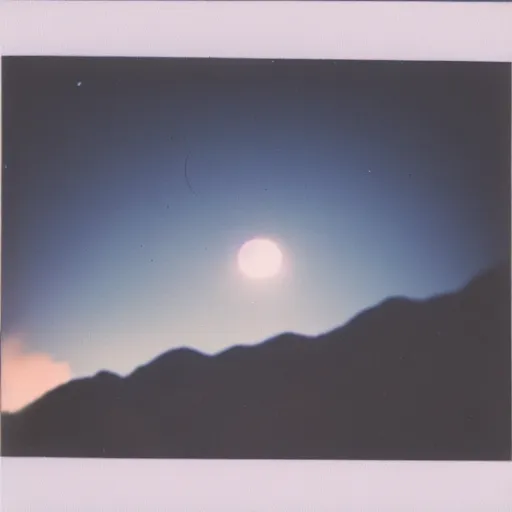 Image similar to a ufo flying over a distant mountain at night, historical photo, old polaroid, expired film,