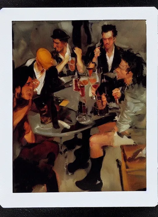 Image similar to polaroid of a glam rocker drinking brutal and raw wine with his friends by joaquin sorolla, phil hale, greek style, ultra detailed