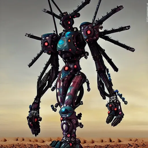 Image similar to spacepunk organic biomech living evangelion giant robot, made of spikes, lovecraftian, fullbody concept, surrounded by dunes, evil