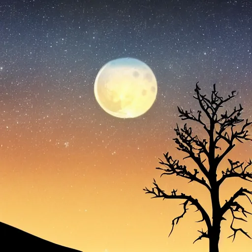 Prompt: Rolling hills at night, blood red moon, solitary tree, photorealistic