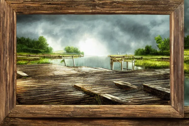 Image similar to pond with a weathered wooden dock, lightning strike in the background detailed, hyper realistic oil painting, intricately detailed, face, full lips, smiling eyes, 8 k, diffuse lighting, cinematic