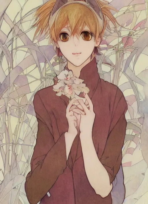 Prompt: A watercolor painting of a beautiful anime feminine catboy with short cream colored hair and fennec fox ears and tanned skin wearing a white sweater, elegant, delicate, soft lines, higly detailed, skinny, smooth , pixiv art, ArtStation, pink hue, artgem, art by alphonse mucha charles reid mary cassatt and shirow masamune, high quality
