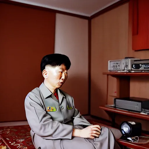 Image similar to hyperralism araki hobuyoshi style photography of detailed north korean kim chen with perfect face playing xbox in basement bedroom