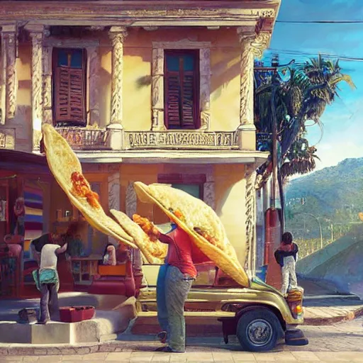 Prompt: epic masterpiece of cinematographic hyperrealism where a mexican appears eating a taco in the background you can see the nicaraguan flag hoisted. realistic shaded lighting poster by craig mallismo, artgerm, jeremy lipkin and michael garmash, unreal engine, radiant light, detailed and intricate environment, digital art, art station trends