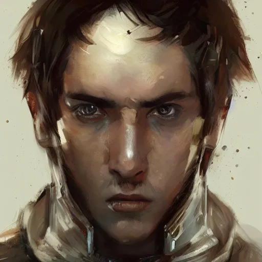 Image similar to Portrait of a man by Greg Rutkowski, he is about 20 years old, mixture turkish and russian, short dark blonde hair with bangs, attractive, angry but resigned look, he is wearing a futuristic tactical gear, highly detailed portrait, scifi, digital painting, artstation, concept art, smooth, sharp foccus ilustration, Artstation HQ.