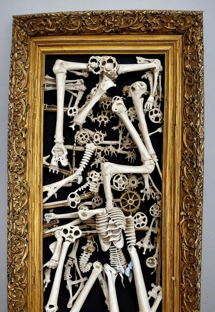 Image similar to prompt: Frame, bouget, old Victorian painting frame made out of bones, alchemical objects inspired by 1980's sci-ci, old experimentation cabinet, intricate oil painting detail, manga 1980