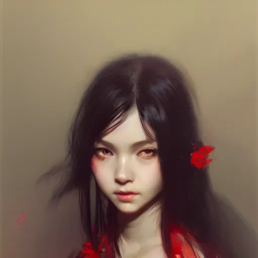 Image similar to a cute girl by ruan jia, 8 k, closeup headshot, smooth, trending on artstation, black long hair, a red flower in her hair