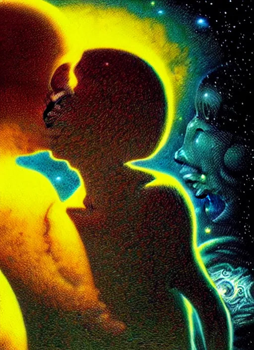 Prompt: detailed image of a creepy passionate kissing, in the deep space by richard corben, rich deep colors. masterpiece . intricate artwork, very coherent symmetrical artwork, cinematic, hyper realism, high detail, octane render, unreal engine, 8k, Vibrant colors, Smooth gradients, High contrast, depth of field. by Katsuhiro Otomo, by Bekzinski, full body character drawing, inspired by Evangeleon, clean ink detailed line drawing, intricate detail, extremely detailed.