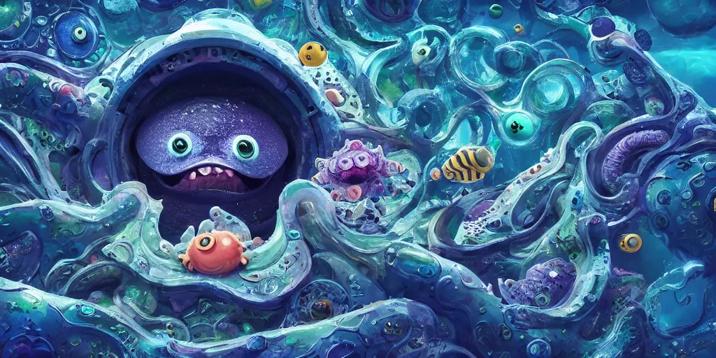 Image similar to of an intricate deep sea with strange cute friendly happy creatures with huge eyes, long tongue, round teeth and goofy funny face, appearing from the background, in the style of gehry and gaudi, macro lens, shallow depth of field, ultra detailed, digital painting, trending artstation, concept art, illustration, cinematic lighting, photorealism, epic, octane render