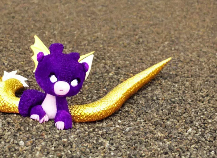 Image similar to A tiny cute purple and gold dragon lays down on its back, cute dragon looking up relaxing