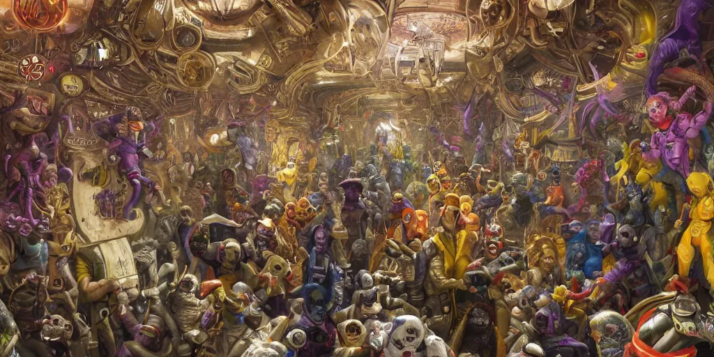 Image similar to the hallway of a space station crowded with strange characters and chaos, clown in the center of the hallway throwing a banana peel, insanely detailed and intricate, hypermaximalist, elegant, ornate, hyper realistic, super detailed, Art Deco, cinematic, trending on artstation, magic the gathering artwork, centered