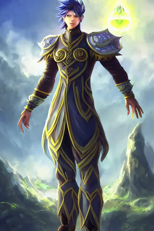 Image similar to fullbody portrait of a male fit hero with strange hairs, soft smile, final fantasy, league of legends champion, strong iridescent light, by chengwei pan and sakimichan, gradient white to gold, in front of a magical building background, highly detailed portrait, digital painting, smooth, focus illustration