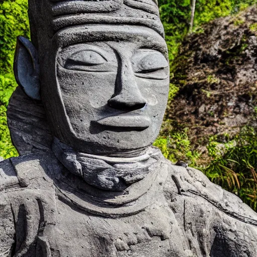 Prompt: weathered Maya stone statue of an alien in front of a wide, foggy valley with beautiful waterfall in the jungle, award winning photography, 8k