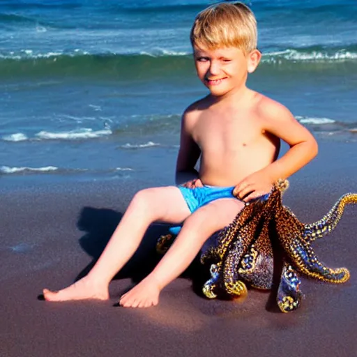 Prompt: A young boy sitting on the beach sticking tentacles of an octopus in his ears