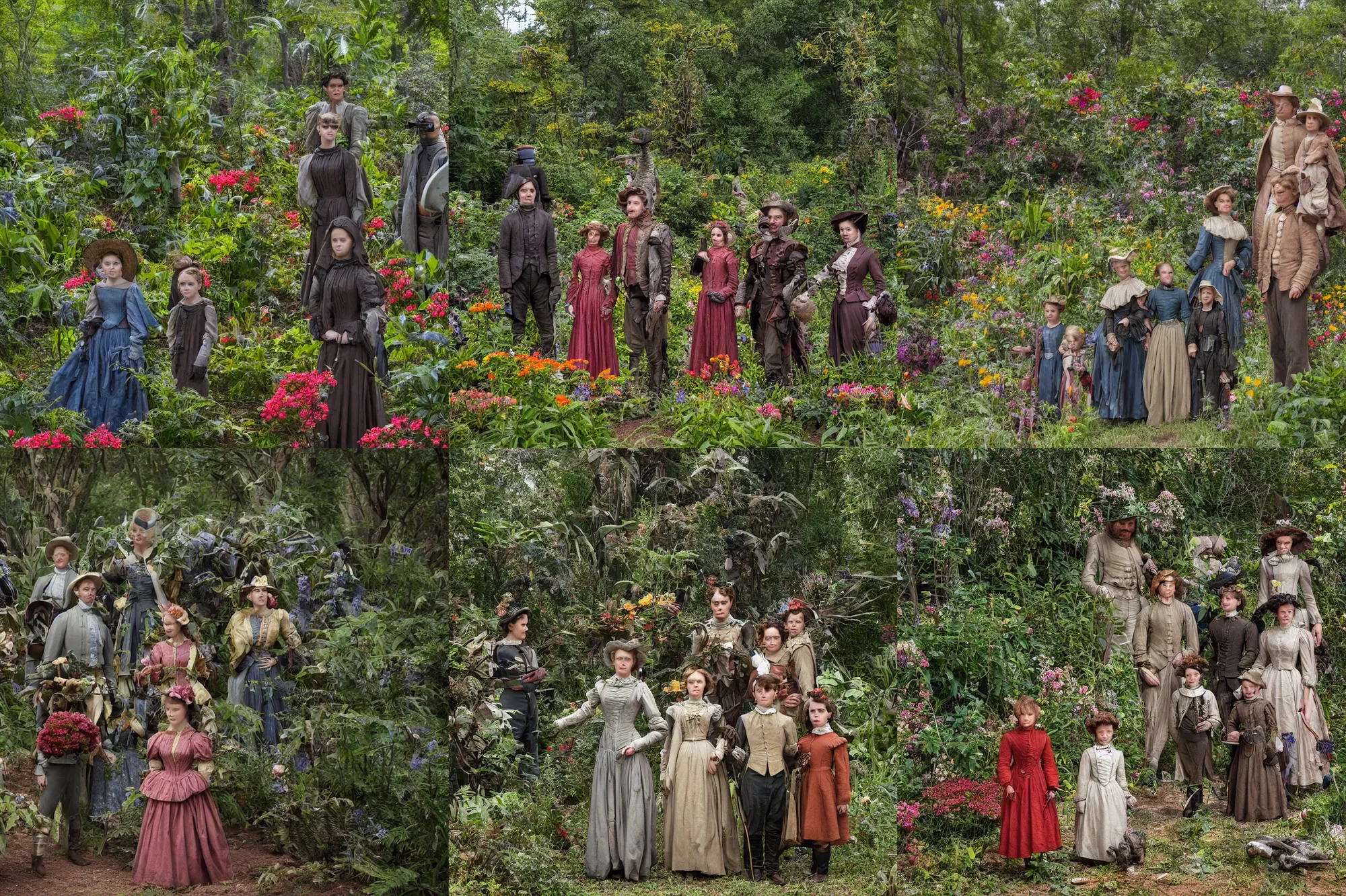 Prompt: sharp, highly detailed, 43456k film, 161800mm film still from a sci fi blockbuster color movie made in 2019, set in 1860, of a family standing in a park, next to some strange alien plants and flowers, on an alien planet, the family are all wearing 1860s era clothes, good lighting, ultra high definition, ultra enhanced faces, in focus, 35mm macro lens