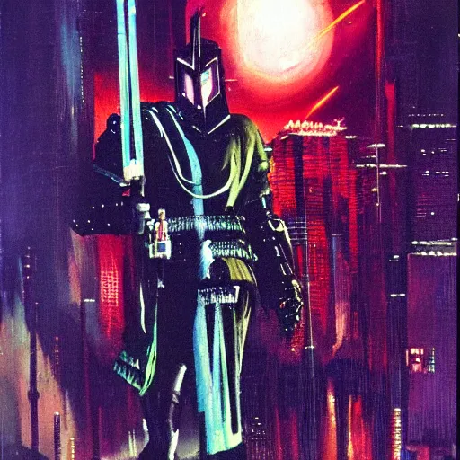 Image similar to cyberpunk knight, epic pose, by jack gaughan, pulp, sci - fi, atmospheric lighting, painted, intricate, ultra detailed