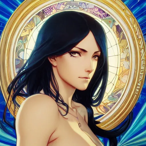 Image similar to highly detailed vfx portrait of nico robin, makoto shinkai, alphonse mucha, sharp focus, art by artgerm and greg rutkowski, backlit, harsh overhead sunlight, blue eyes, stanley kybric, pixiv