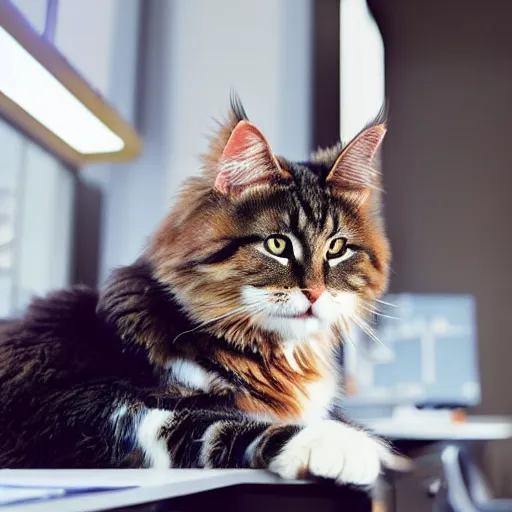 Image similar to very cute huge calico main coon towers over shorthair domestic cat in office, portrait, pixar style, cinematic lighting, award winning creature portrait photography