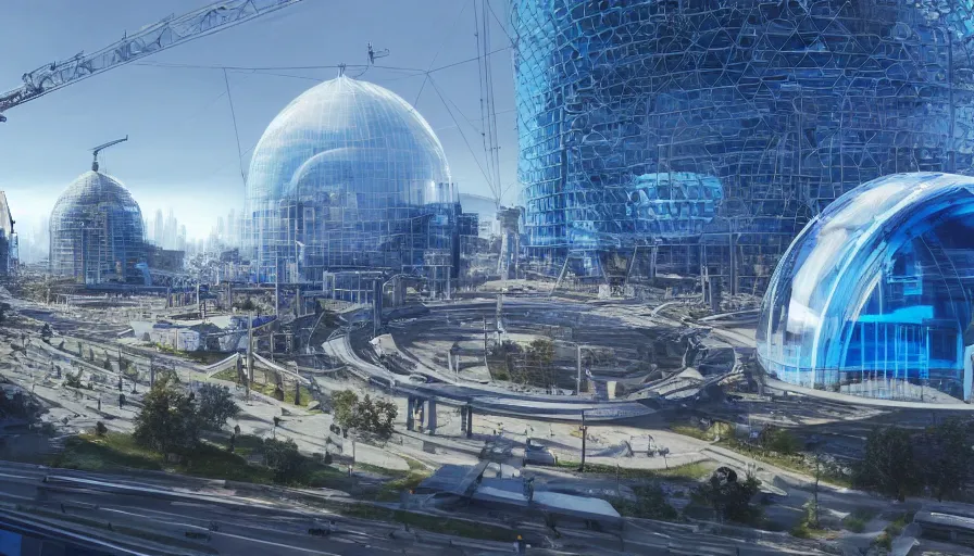 Prompt: futuristic berlin under construction with blue glass building, roundabout with glass dome, huge, hyperdetailed, artstation, cgsociety, 8 k