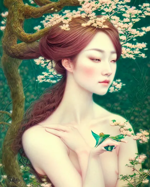 Prompt: portrait of a beautiful lady of nature, graceful beauty, nature aesthetics, sweet colours, head in focus, intricate, elegant, painterly, artstation, artistic, concept art, hasselbrad photography, sharp focus, illustrative, art style by chie yoshii