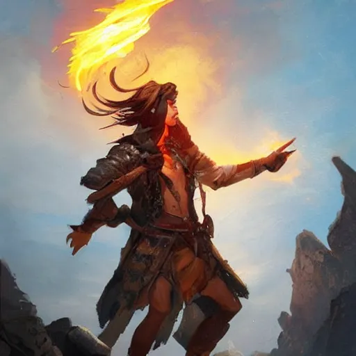 Image similar to beautiful painting of a very short and small male halfing bard from pathfinder, casting fireball, painted by greg rutkowski