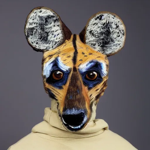 Prompt: african wild dog fursuit head in the style of van gogh