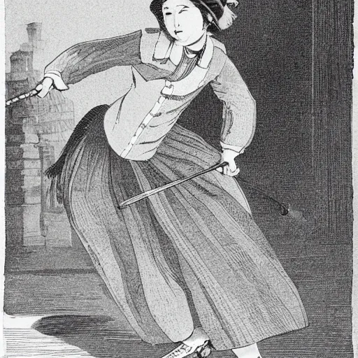 Image similar to lady skateboarding, high detail, 1 9 th century illustration by uijung kim