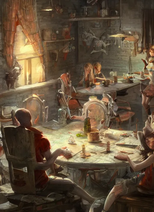 Image similar to painting of a group of people sitting at a table, a detailed painting by xie huan, cgsociety, fantasy art, creepypasta, dystopian art, 2 d game art