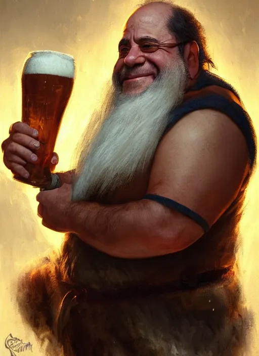 Image similar to Portrait of Danny Devito as a Dwarven Axeman with a white beard, He is drinking beer at a tavern, realistic, detailed, 4k by Greg Rutkowski Mark Arian trending on artstation