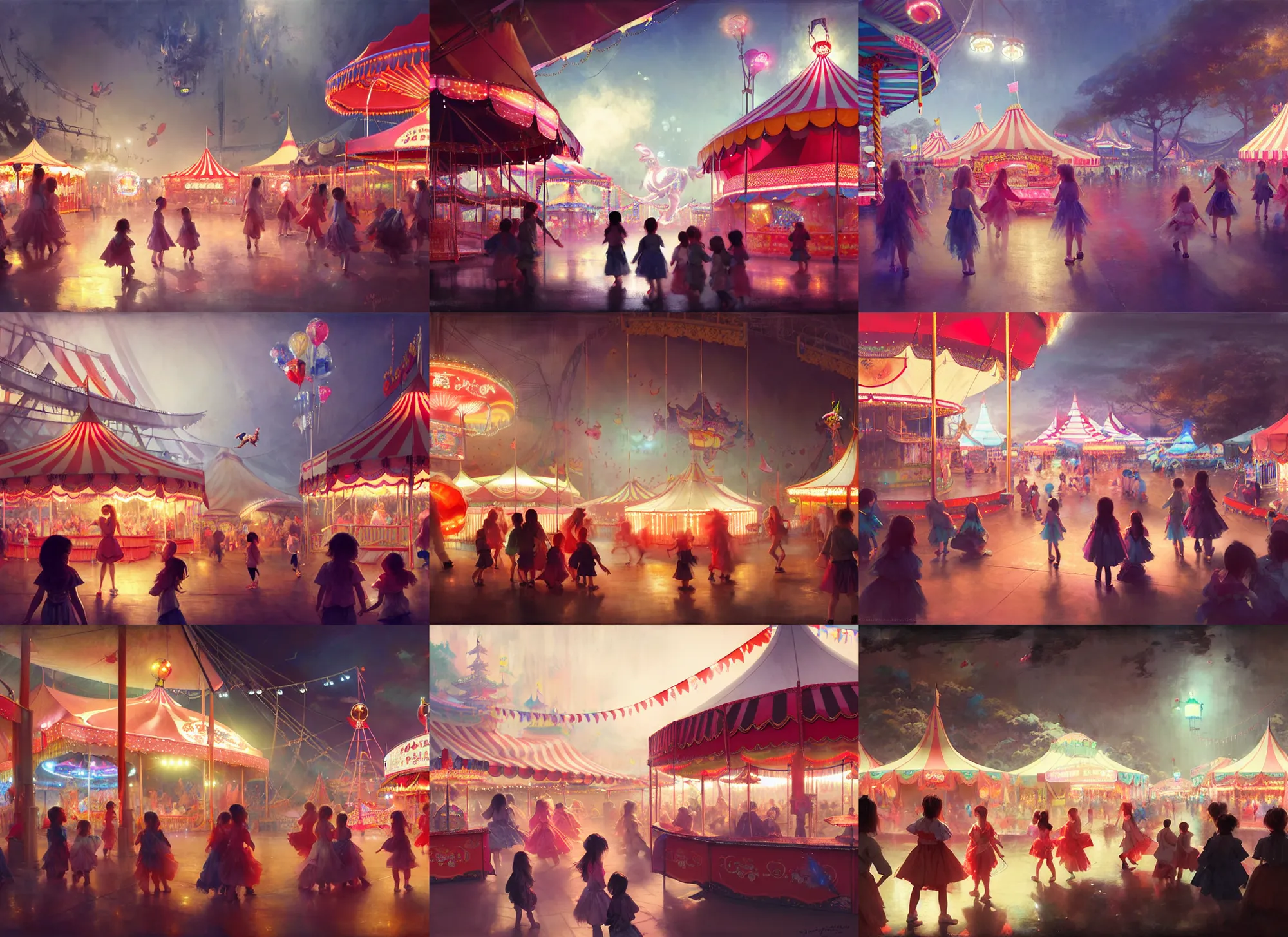 Prompt: young girls enjoying rides and amusements at a small carnival amusement, food stalls, big top circus tent, roaming entertainers, flashing lights, highly detailed, magical, japan mountains, digital painting, concept art, matte, art by ruan jia and wlop and greg rutkowski and makoto shinkai, masterpiece