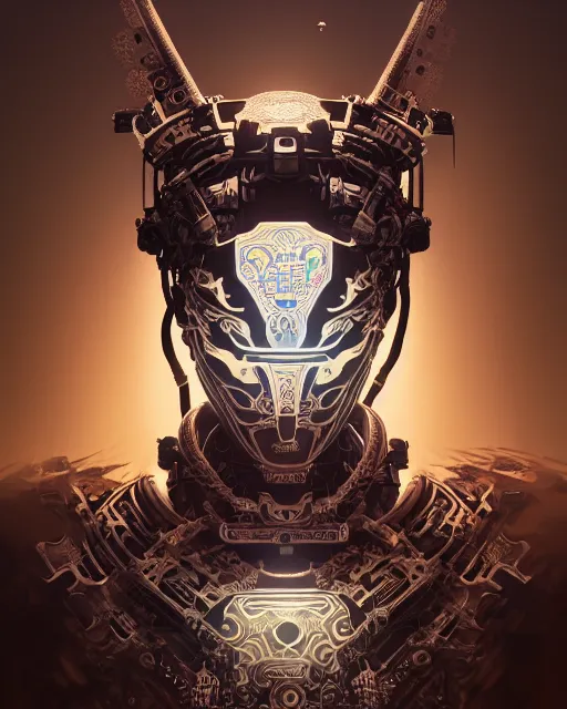 Image similar to portrait of a machine from horizon zero dawn, machine face, upper body, decorated with chinese opera motifs, asian, traditional chinese art, intricate, elegant, highly detailed, digital painting, artstation, concept art, smooth, sharp focus, illustration, art by artgerm and greg rutkowski and alphonse mucha, 8 k