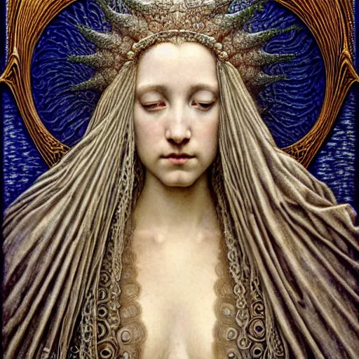 Image similar to detailed realistic beautiful young medieval queen face portrait by jean delville, gustave dore, iris van herpen and marco mazzoni, art forms of nature by ernst haeckel, art nouveau, symbolist, visionary, gothic, pre - raphaelite, fractal lace, surreality, horizontal symmetry, intricate details