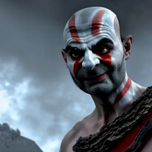 Image similar to mr. bean as kratos from god of war. movie still. cinematic lighting.