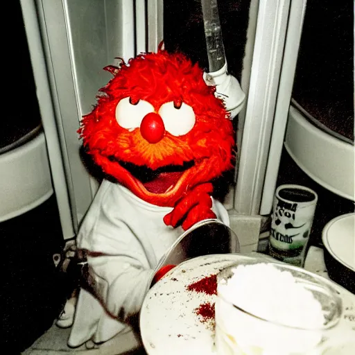 Image similar to disposable camera flash photo of elmo sniffing powdered sugar through a straw in a dark night club bathroom