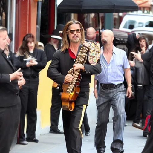 Prompt: brad pitt in mariachi band, paparazzi photo, candid, highly detailed, symmetrical