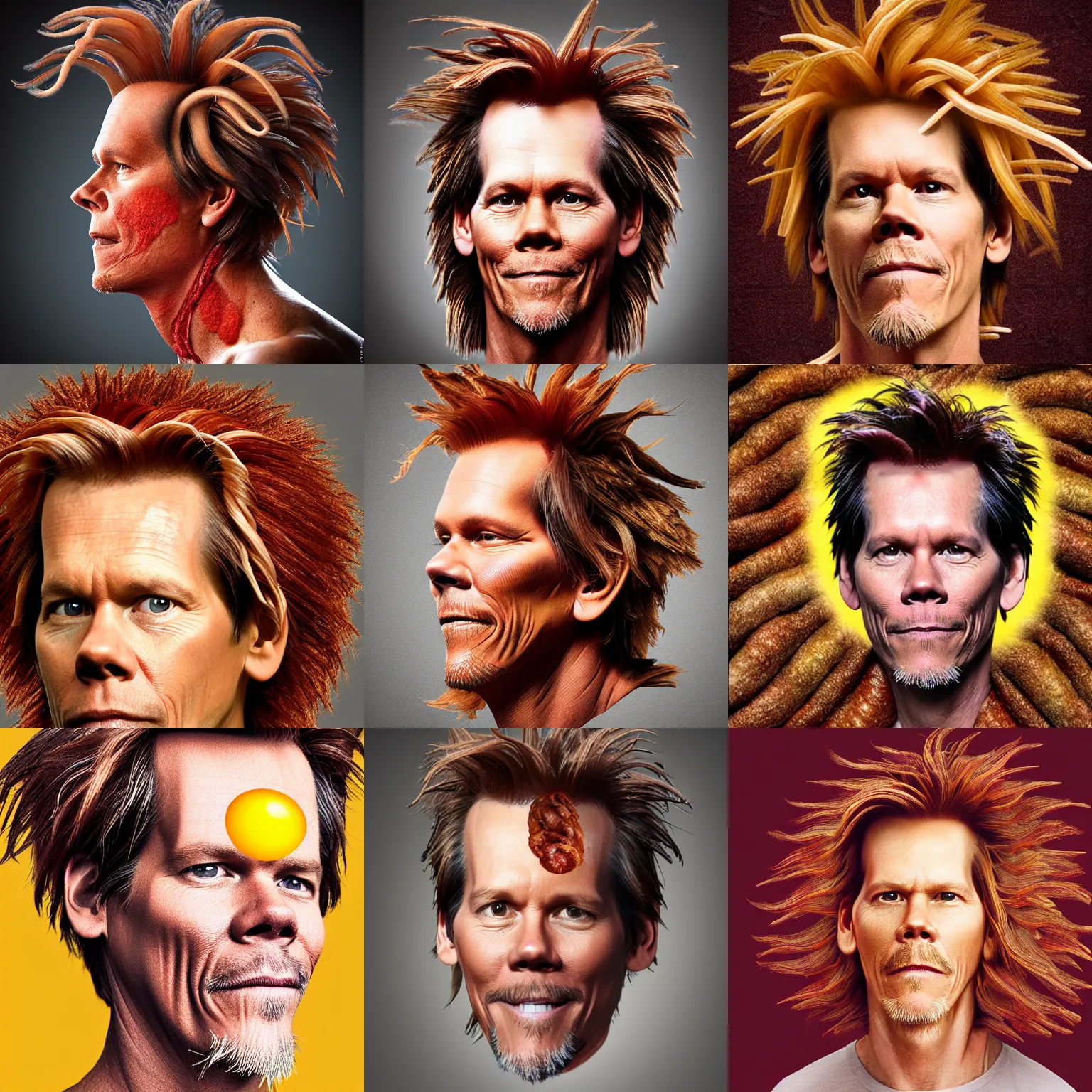 Prompt: a photo of kevin bacon, his hair made of bacon and eggs, rendered in octane by arcimboldo