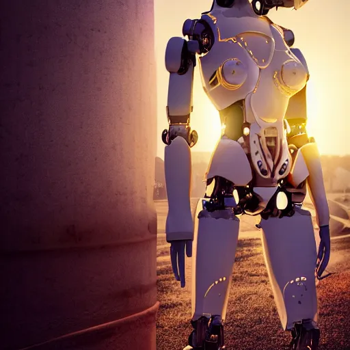 Prompt: beautiful Fine art photography of a solarpunk part robot part human girl with real human face and torso, white background, highly detailed, medium shot, photorealism, sunset lighting 8k