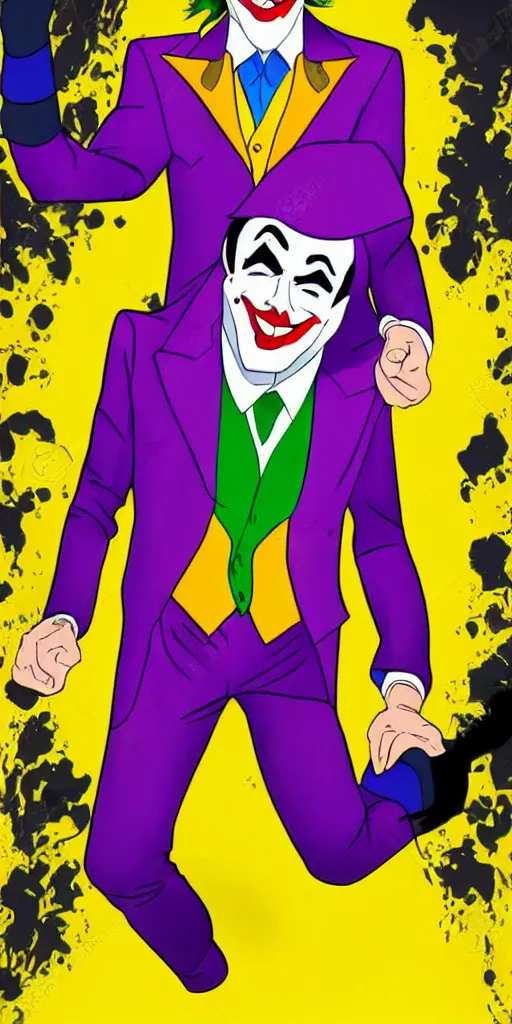 Image similar to joker wearing purple suit, yellow background, disney movie poster style, animation