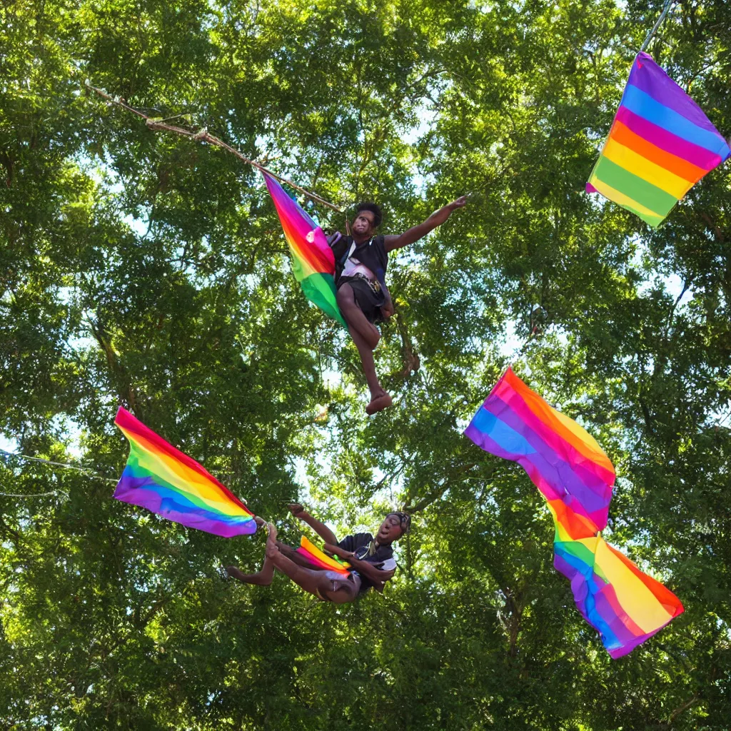 Image similar to black person swinging from the trees waving an lgbt flag