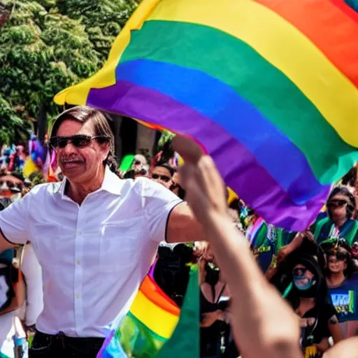 Image similar to photograph of president jair bolsonaro waving a rainbow flag at a pride parade