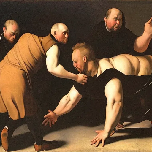 Image similar to obese alex jones falls over, painted by caravaggio