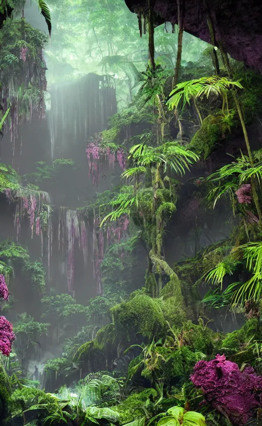 Image similar to a beautiful render of a dark prehistoric rainforest in a humongous cave, lush flora, patches of magenta sky,, sunset, floating mountains and a waterfall in the background, intricate detail, hazy, humid, volumetric lighting, 8 k, photorealistic, raytracing effects, unreal engine 5