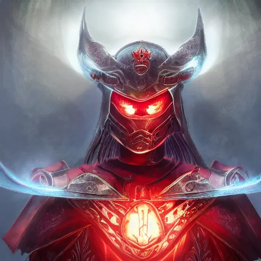 Prompt: evil knight, glowing halo, fantasy art, red intricate armor, located in a castle, morning sunlight through the window, decorated, high quality, highly detailed, 4 k