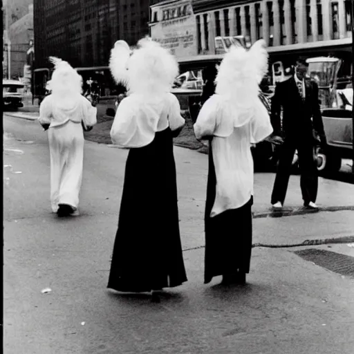 Image similar to photograph of angels in human clothes on new york streets in the 60's