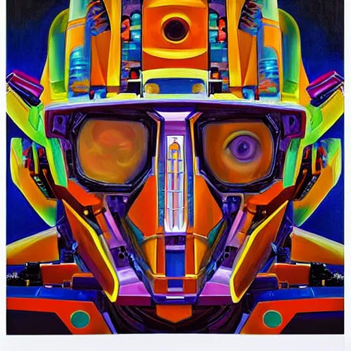 Image similar to portrait of a colourful tribal mecha robot, symmetrical, painting by drew struzan,