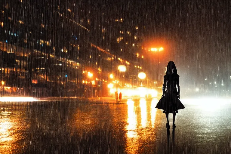 Prompt: vfx marvel sci-fi woman black super hero robot photo real, city street night lighting, rain and fog by Emmanuel Lubezki
