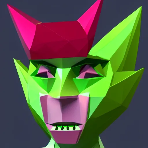 Image similar to low poly video game character with a round pink head, a green mohawk, green eyebrows and a long red pointy nose