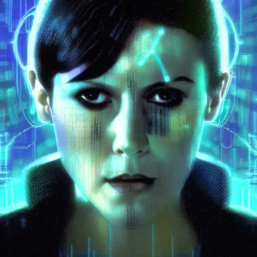 Image similar to Molly from the novel Neuromancer, eye implants, portrait shot, cyberpunk, movie still, poster art by Drew Struzan