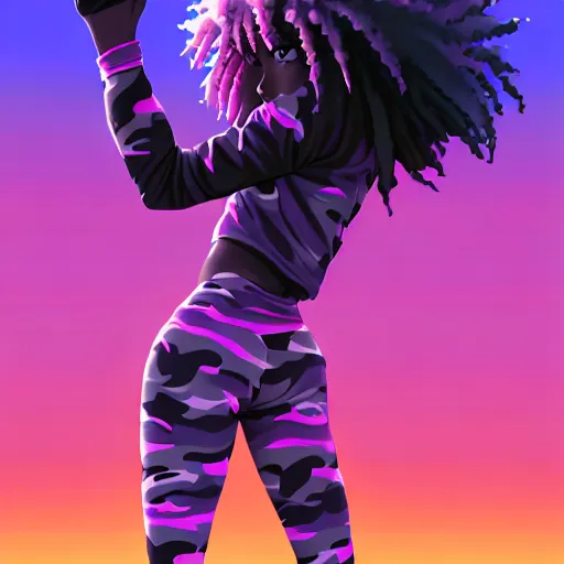 Prompt: portrait of black anime manga girl, throwing punch pose towards camera, french bob hair, white hair, wearing camo, by gustave dore, vaporwave colors, lofi colors, vaporwave, lofi, goth vibe, 4 k, smooth, hd, substance designer render, full body character concept art, 2 point lighting,