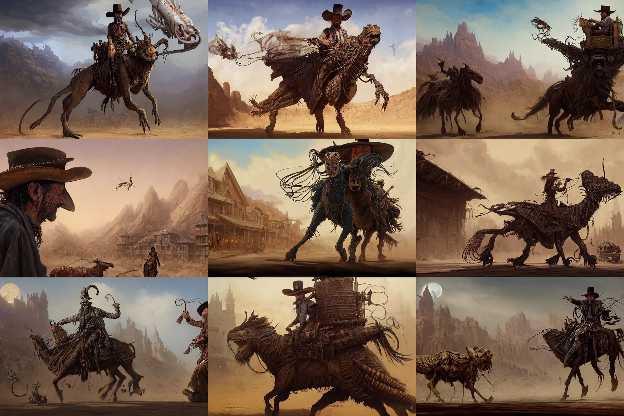 Prompt: A very highly detailed wild west magical sorcerer wizard with a very highly detailed face with spellbooks and potions riding on a very higly detailed large grasshopper!! on the street of a wild west town digital rational painting art by Greg Rutkowski, magic fantasy highly detailed, digital concept art, sharp focus, realistic concept art by Stephen Hickman and James Gurney and Hiromasa Ogura Ghost in the Shell rendered in Octane Render, From the distance